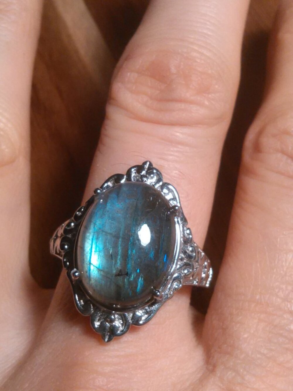 Malagasy Labradorite Stainless Steel Solitaire Ring (Size 9)